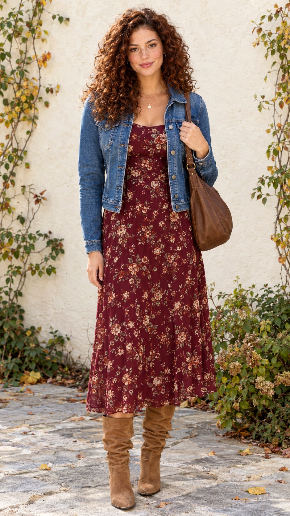 Denim Jacket With Floral Midi - 20 2000s fall outfits