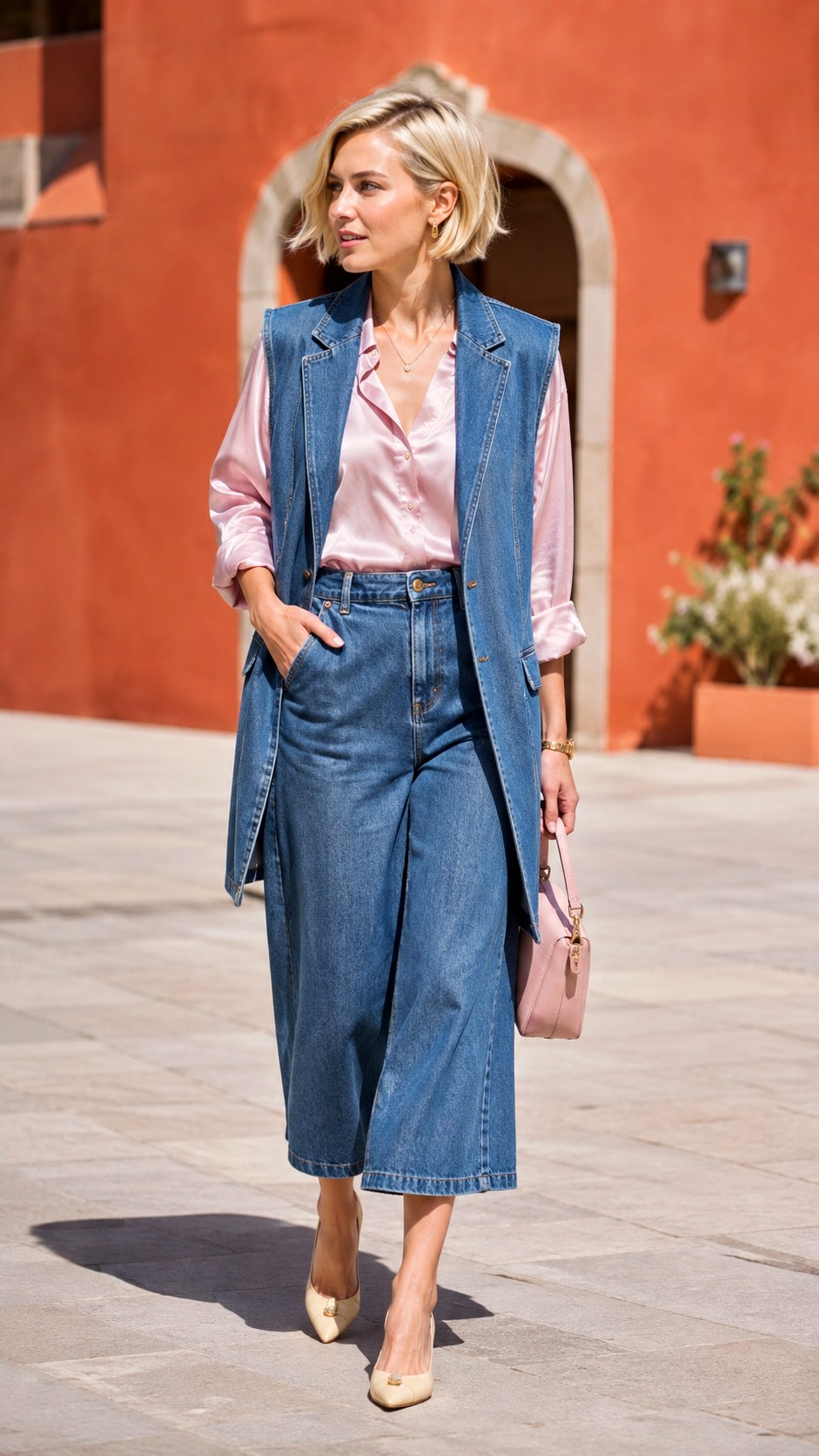 Denim Longline Vest And Culottes - 25 Denim Two Piece Outfit Ideas