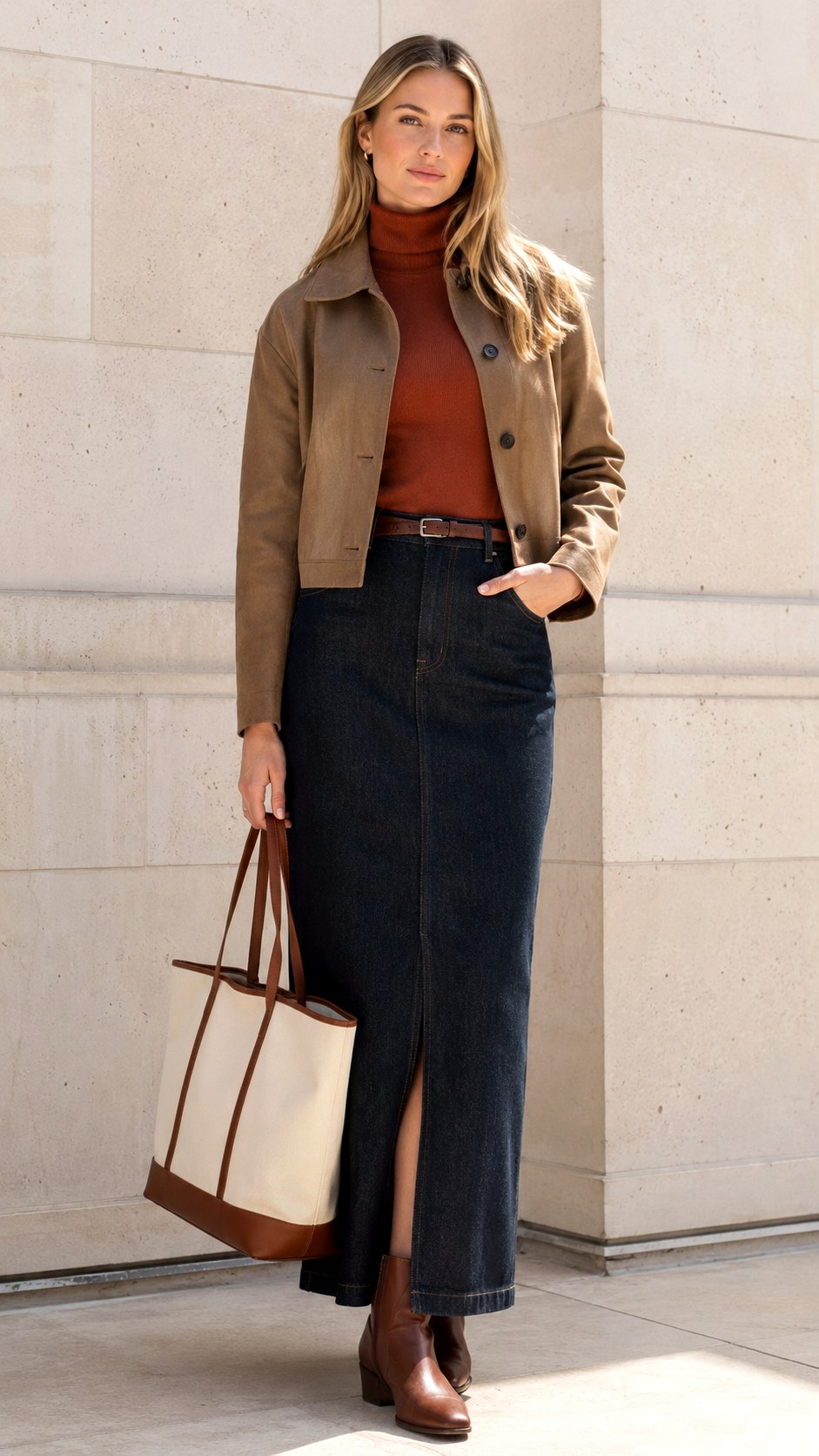 Denim Maxi Skirt With Rust Turtleneck - 20 fall skirt outfits