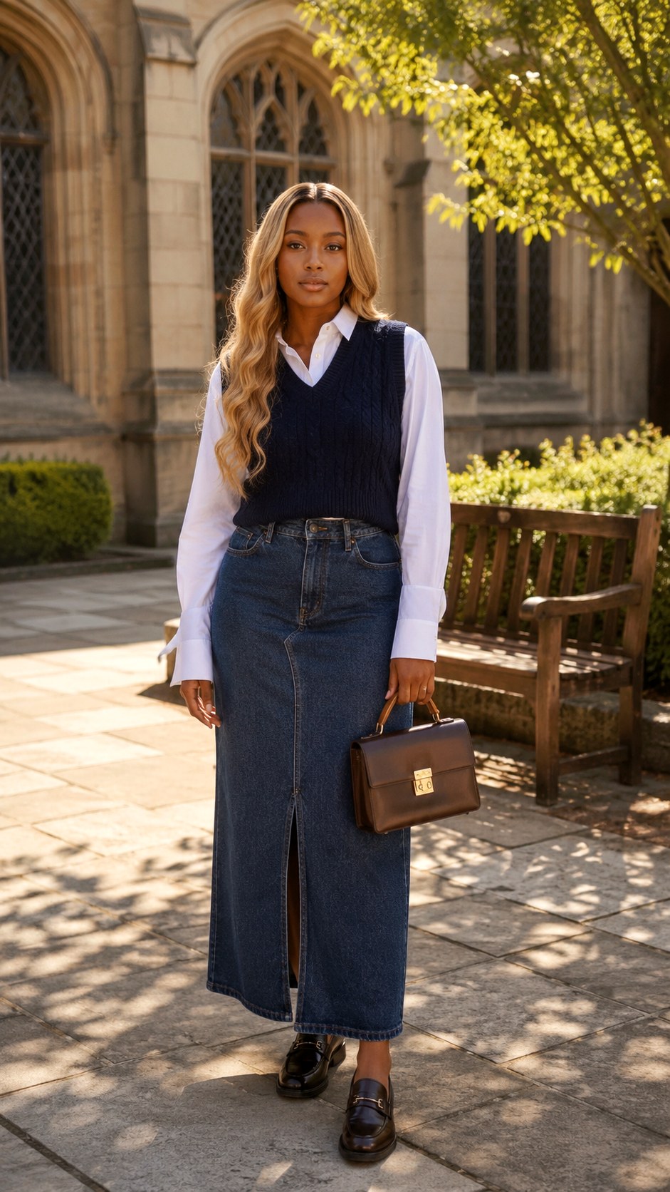 Denim Maxi Skirt With Sweater Vest - 25 Indie Aesthetic Outfits Ideas