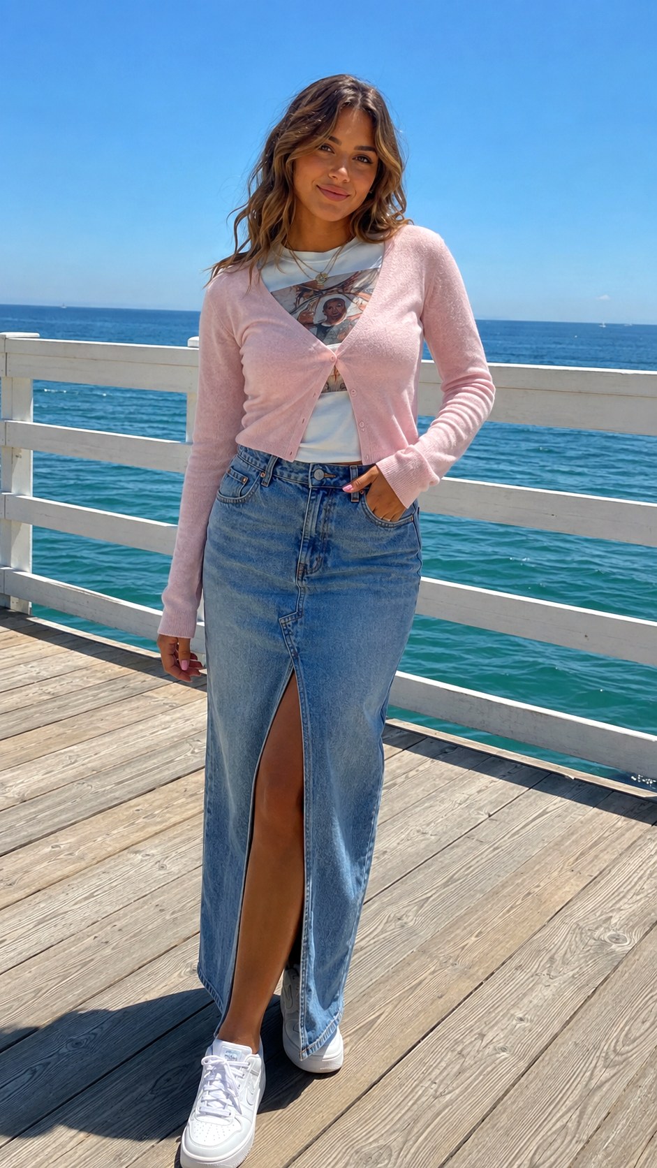 Denim Maxi Skirt and Fitted Graphic Tee - 23 Soft Grunge Outfits Ideas
