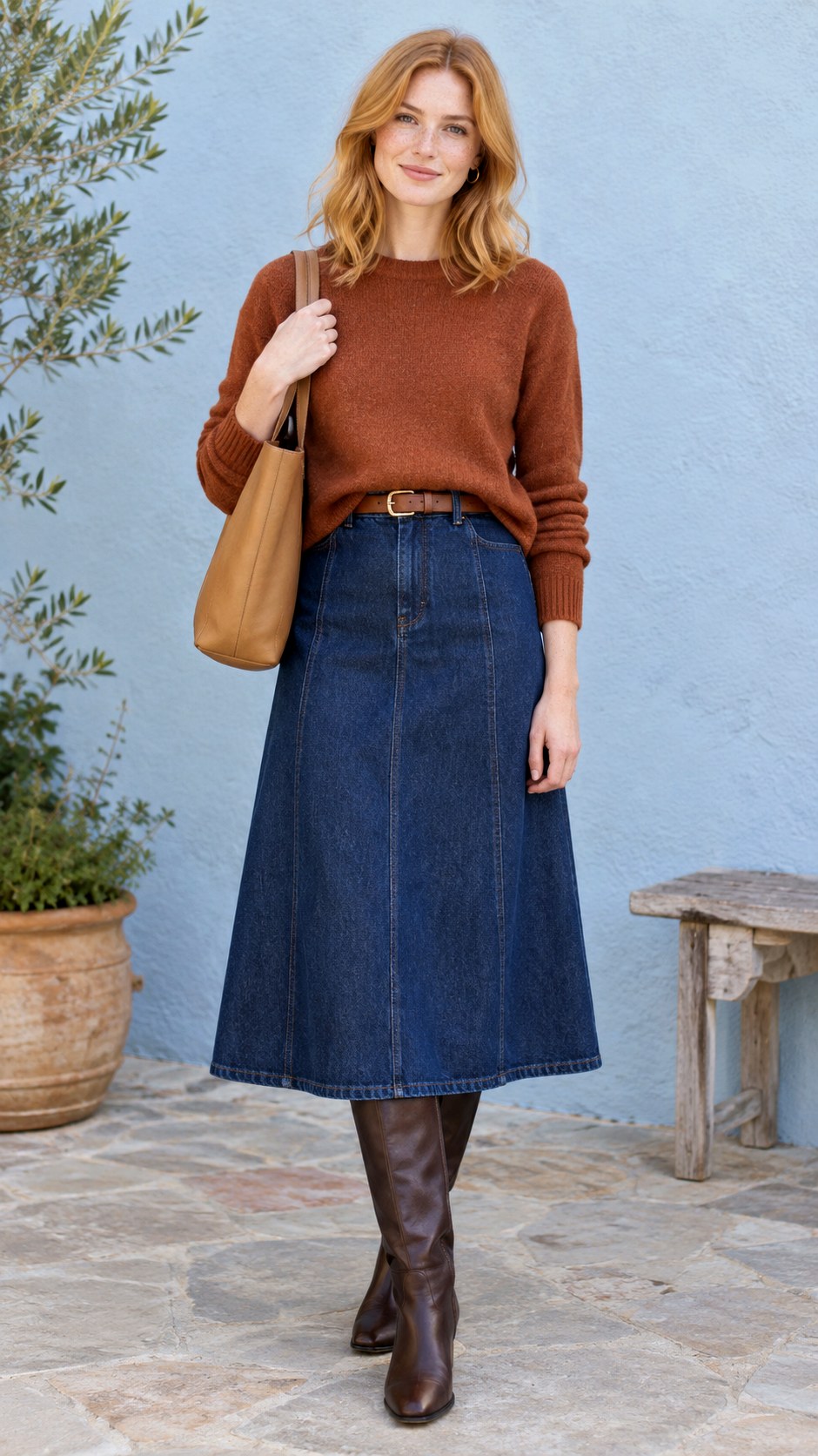 Denim Midi Skirt With Rust Sweater - 20 autumn 2026 outfits