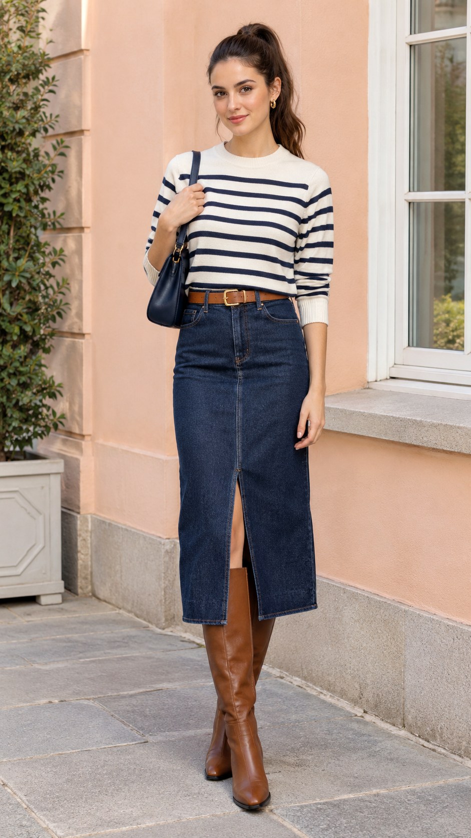 Denim Midi Skirt With Striped Knit - 20 autumn aesthetic outfit ideas