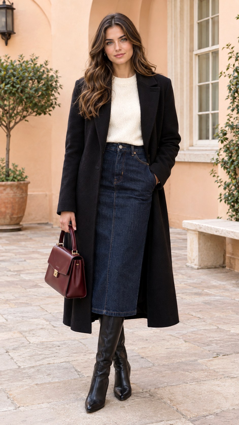 Denim Midi Skirt With Tall Boots - 20 baddie winter outfits