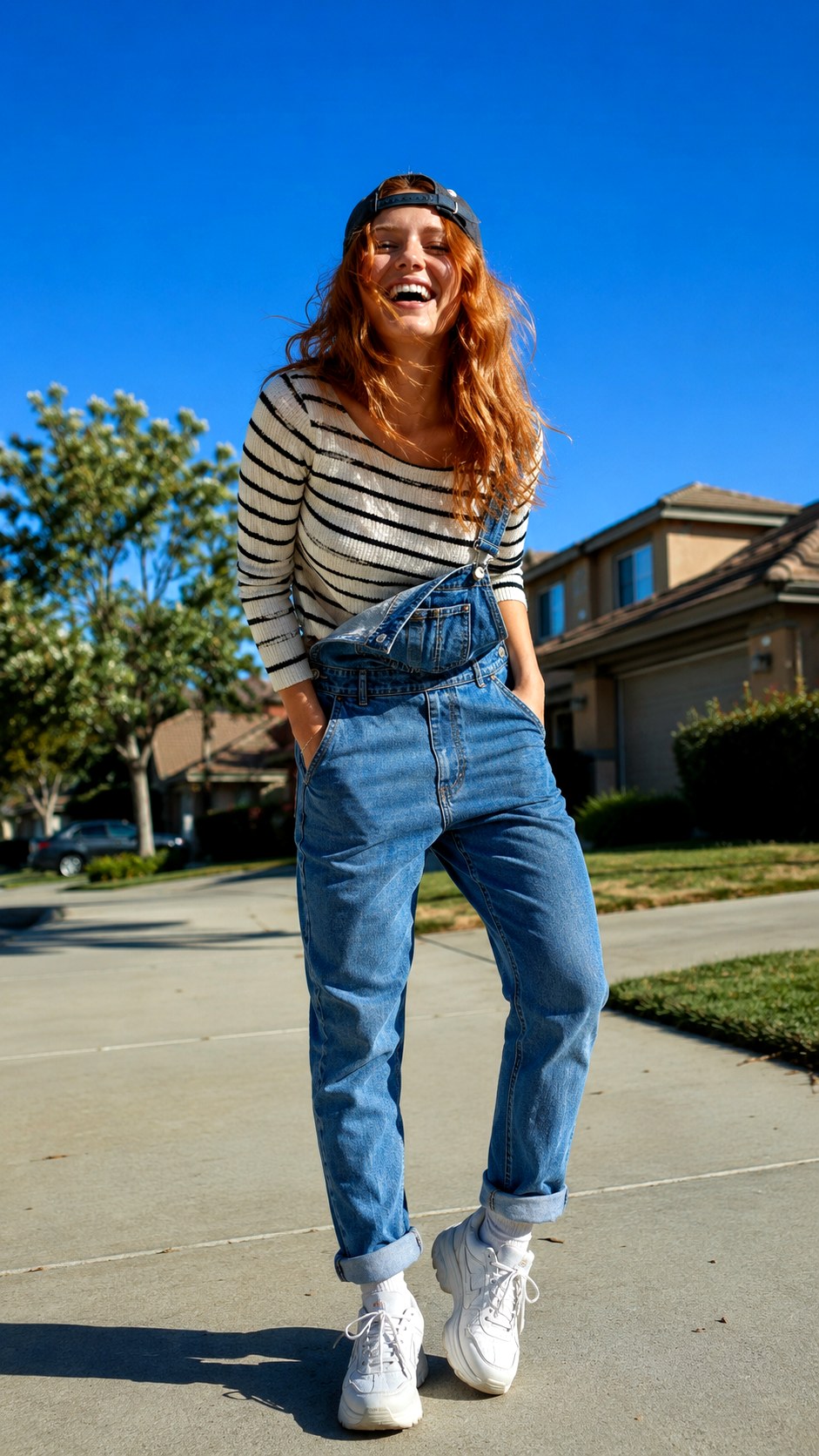 Denim Overalls and Striped Long Sleeve - 24 Denim Outfits for Women Ideas