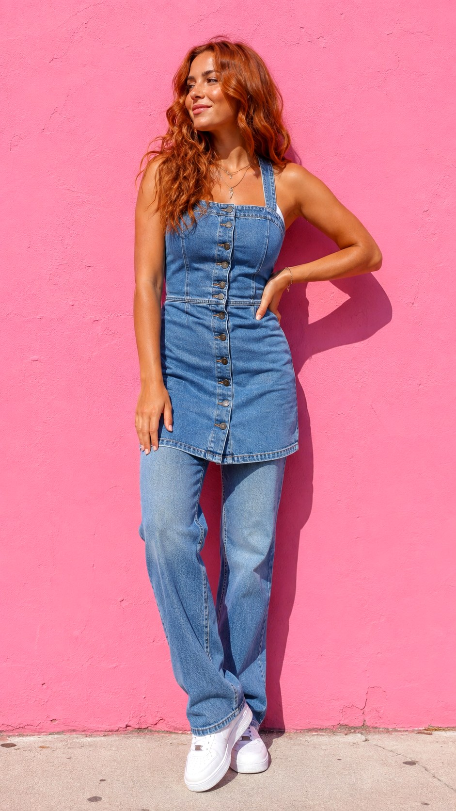 Denim Pinafore Dress And Jeans - 25 Denim Two Piece Outfit Ideas