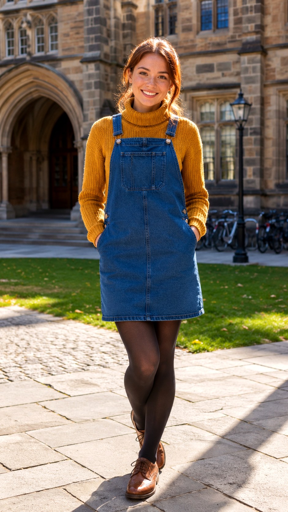 Denim Pinafore Dress and Turtleneck - 24 Denim Outfits for Women Ideas