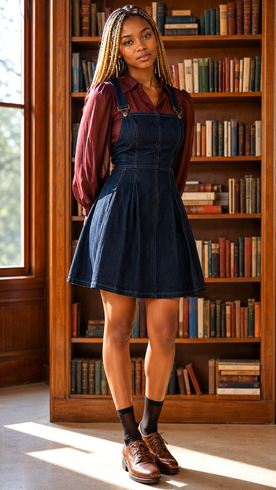 Denim Pinafore and Chiffon Blouse - 23 Soft Grunge Outfits Ideas