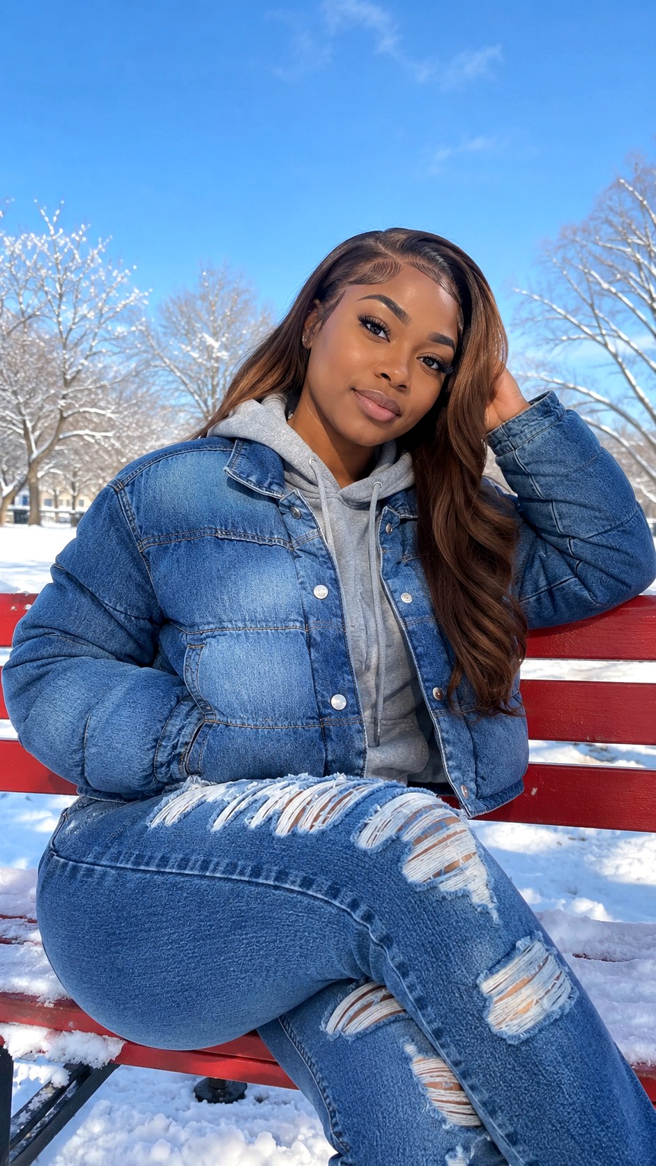 Denim Puffer Jacket And Distressed Jeans - 25 Denim Two Piece Outfit Ideas