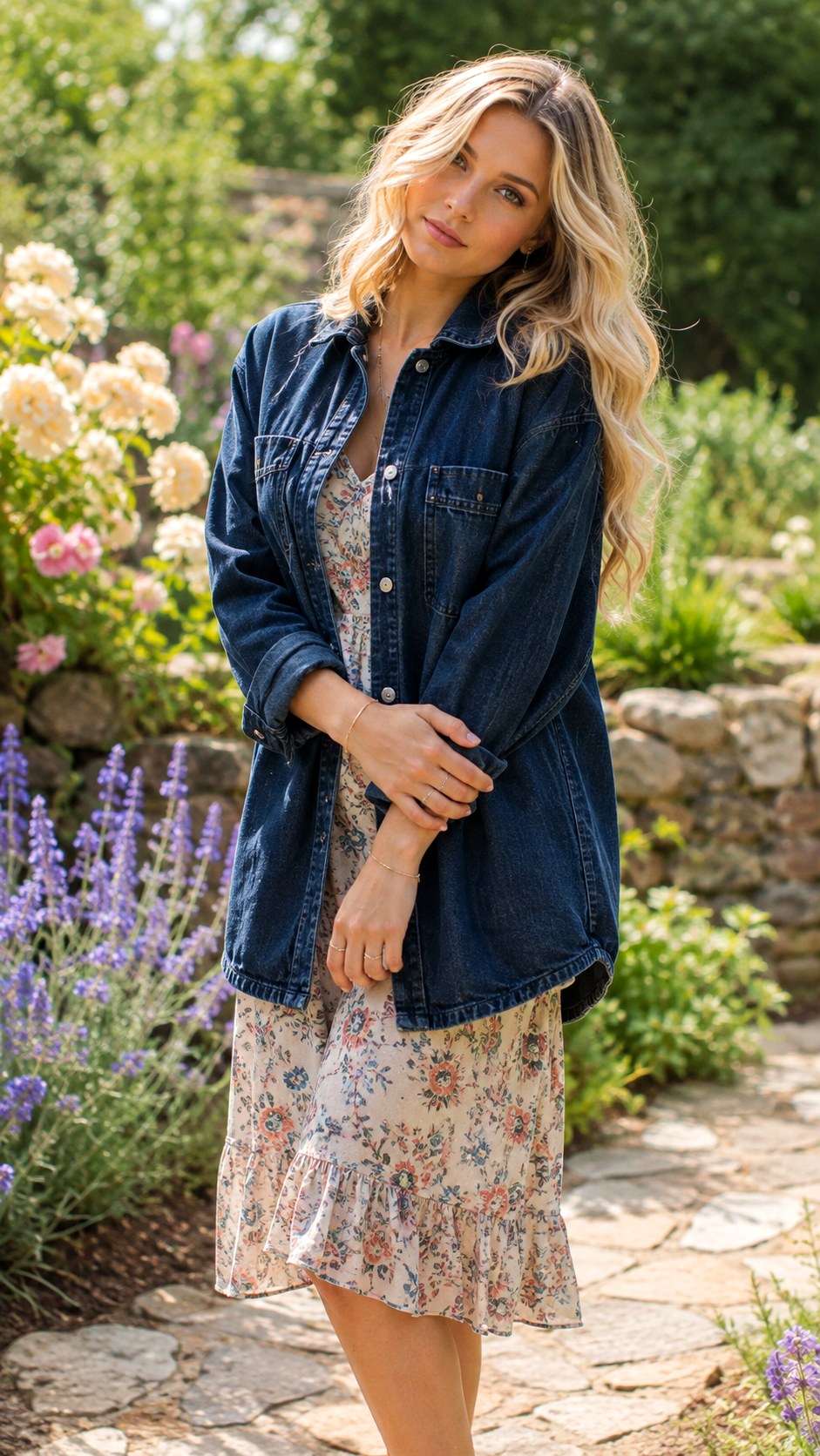 Denim Shacket Outfit Over a Floral Dress - 25 denim shacket outfit look ideas