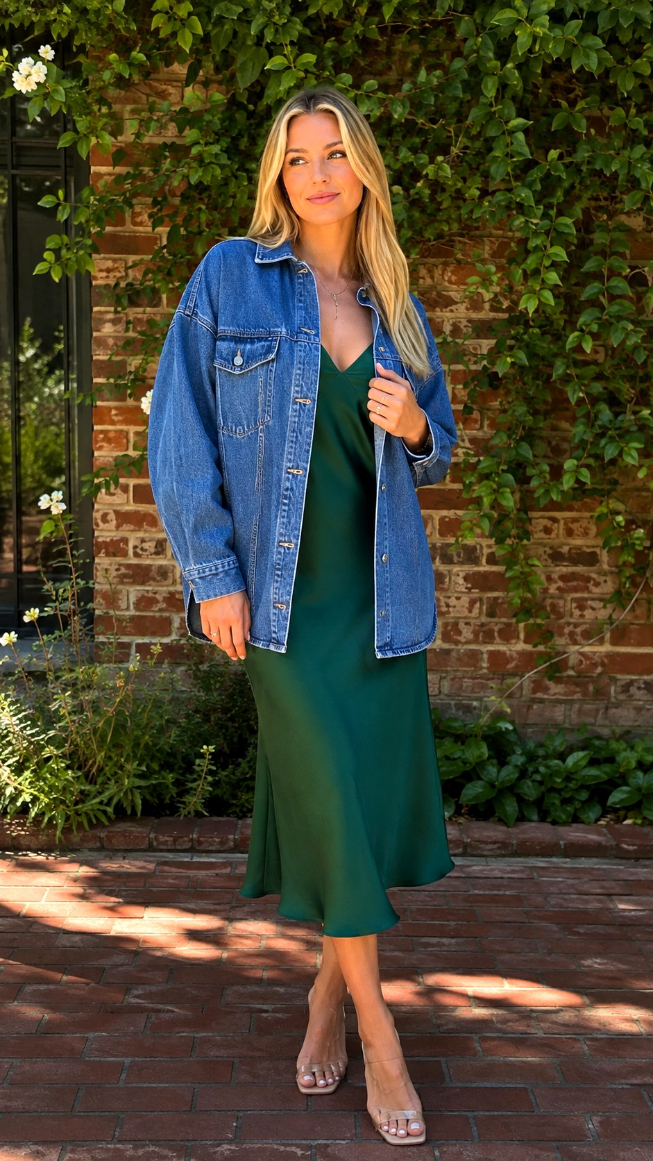 Denim Shacket Outfit Over a Midi Slip Dress - 25 denim shacket outfit look ideas