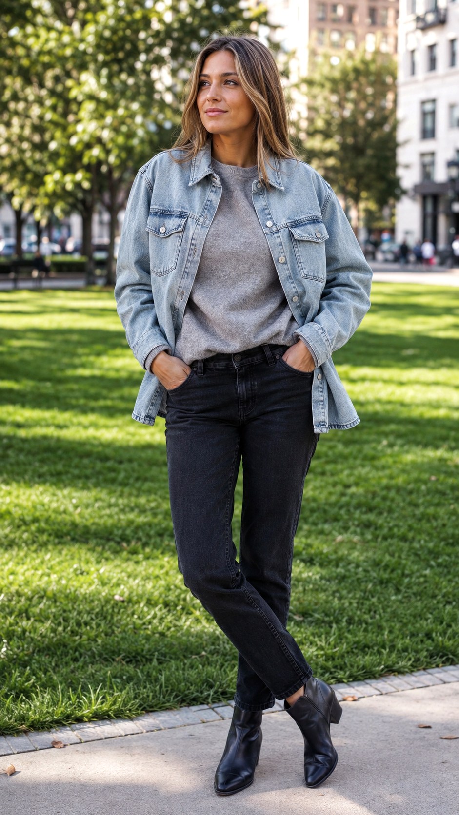 Denim Shacket Outfit With Black Denim - 25 denim shacket outfit look ideas