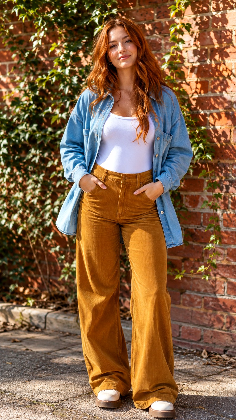 Denim Shacket Outfit With Corduroy Pants - 25 denim shacket outfit look ideas