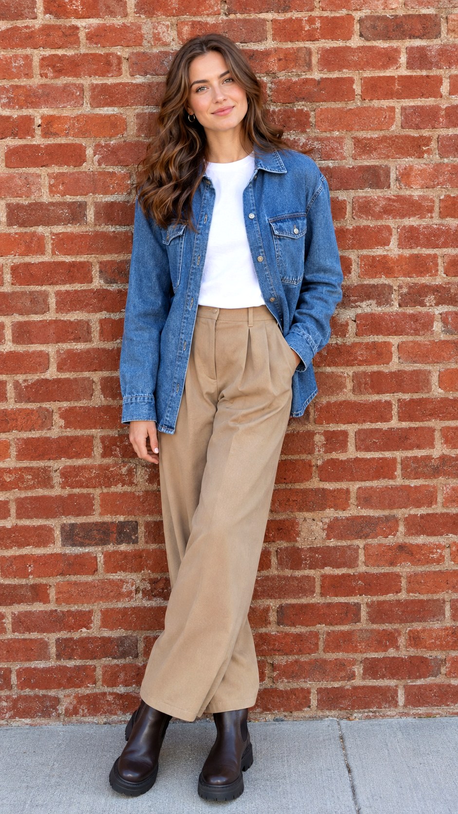 Denim Shacket and Pleated Trousers - 24 early fall outfit look ideas