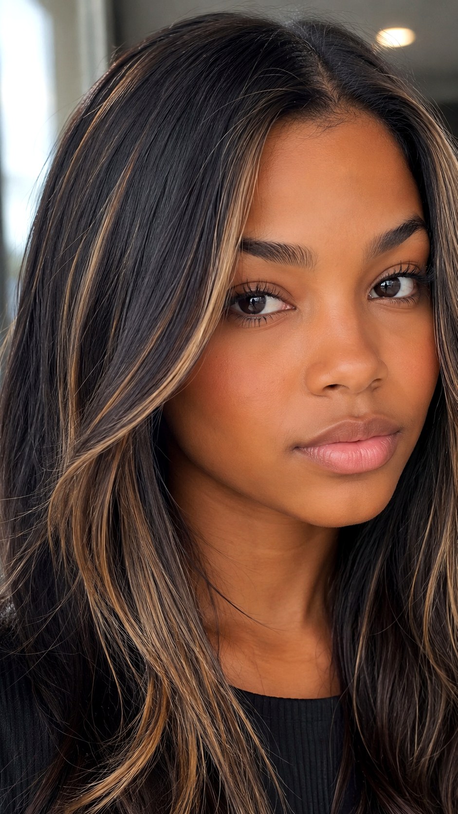 Dimensional Black with Beige Babylights - 21 black hair color ideas