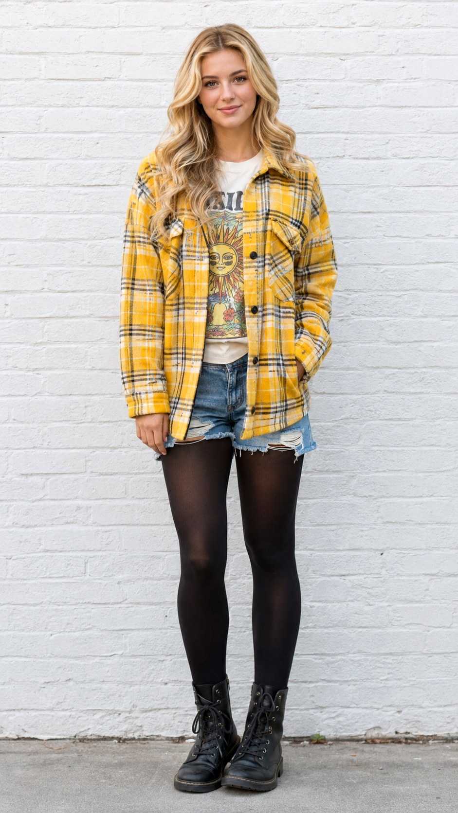 Distressed Denim Shorts And Tights - 24 check shacket outfit ideas