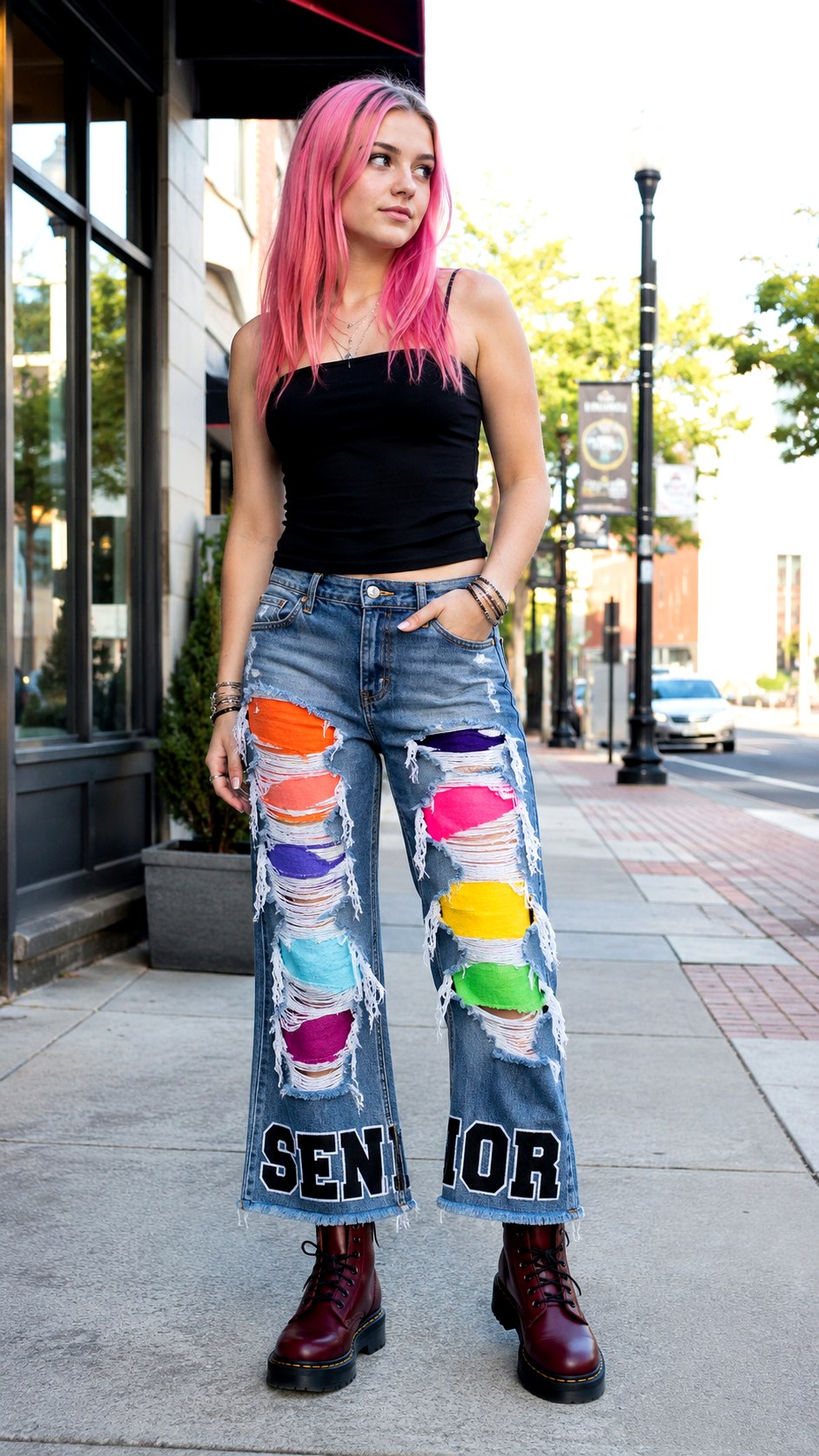 Distressed Denim and Bright Patches - 25 varsity font stenciled senior pants