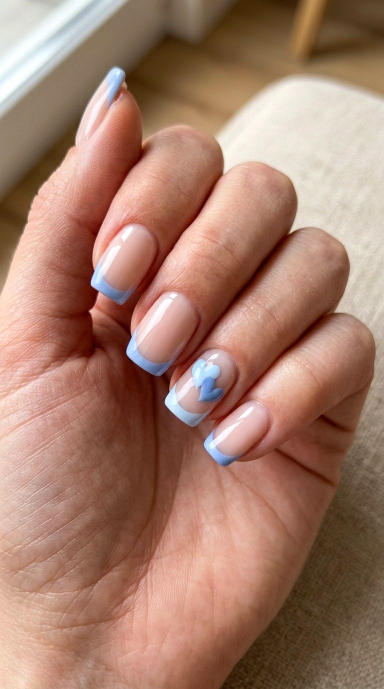 Double Heart French Manicure - 21 soft blue hearts nail art inspiration ideas