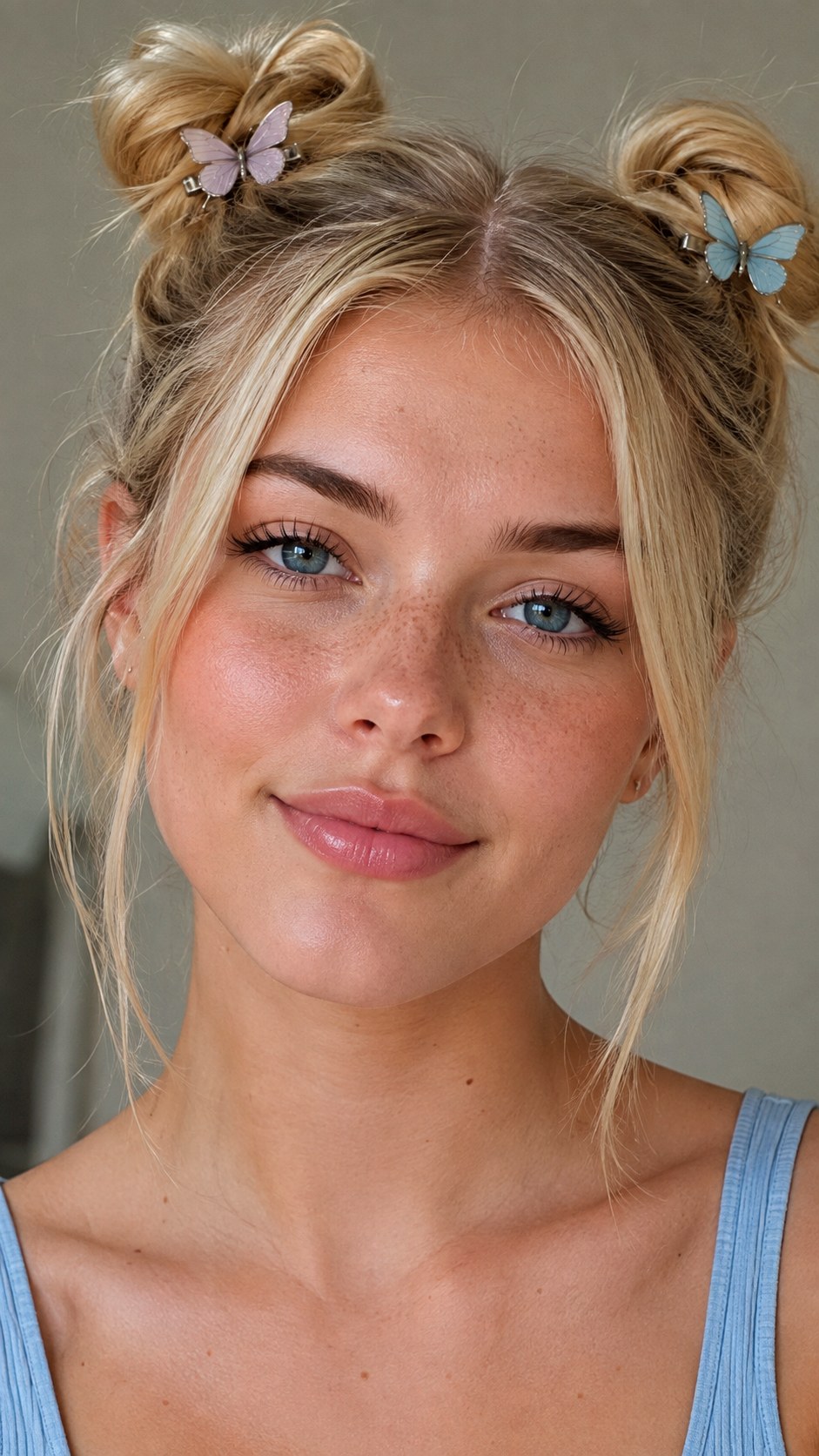 Double Top Knots With butterfly Clips - 25 y2k bun hairstyle ideas