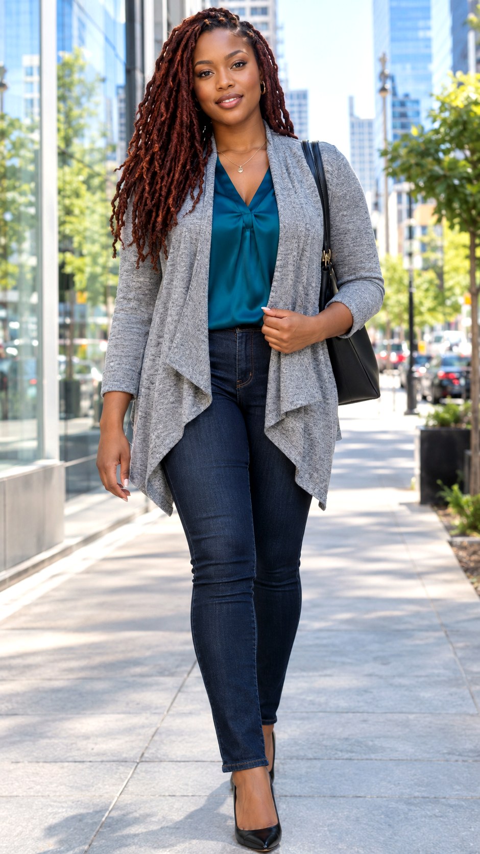 Draped Open Cardigan and Dark Jeans - 25 cardigan and jeans outfit ideas