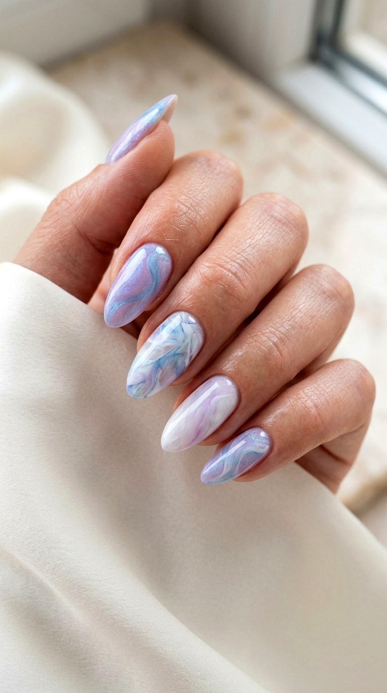 Dreamy Blue And Lilac Marble - 25 pastel purple blue nail ideas