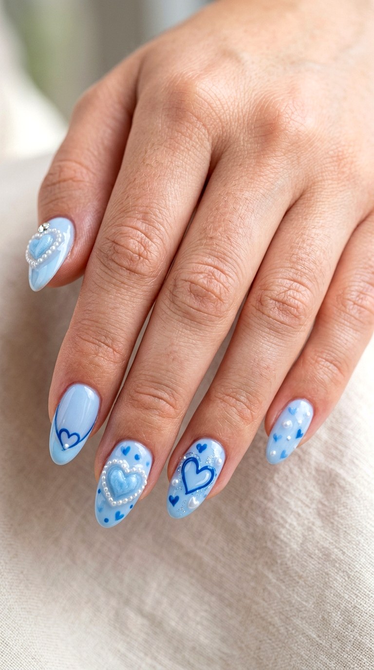 Dreamy Blue Heart Statement Set - 21 soft blue hearts nail art inspiration ideas