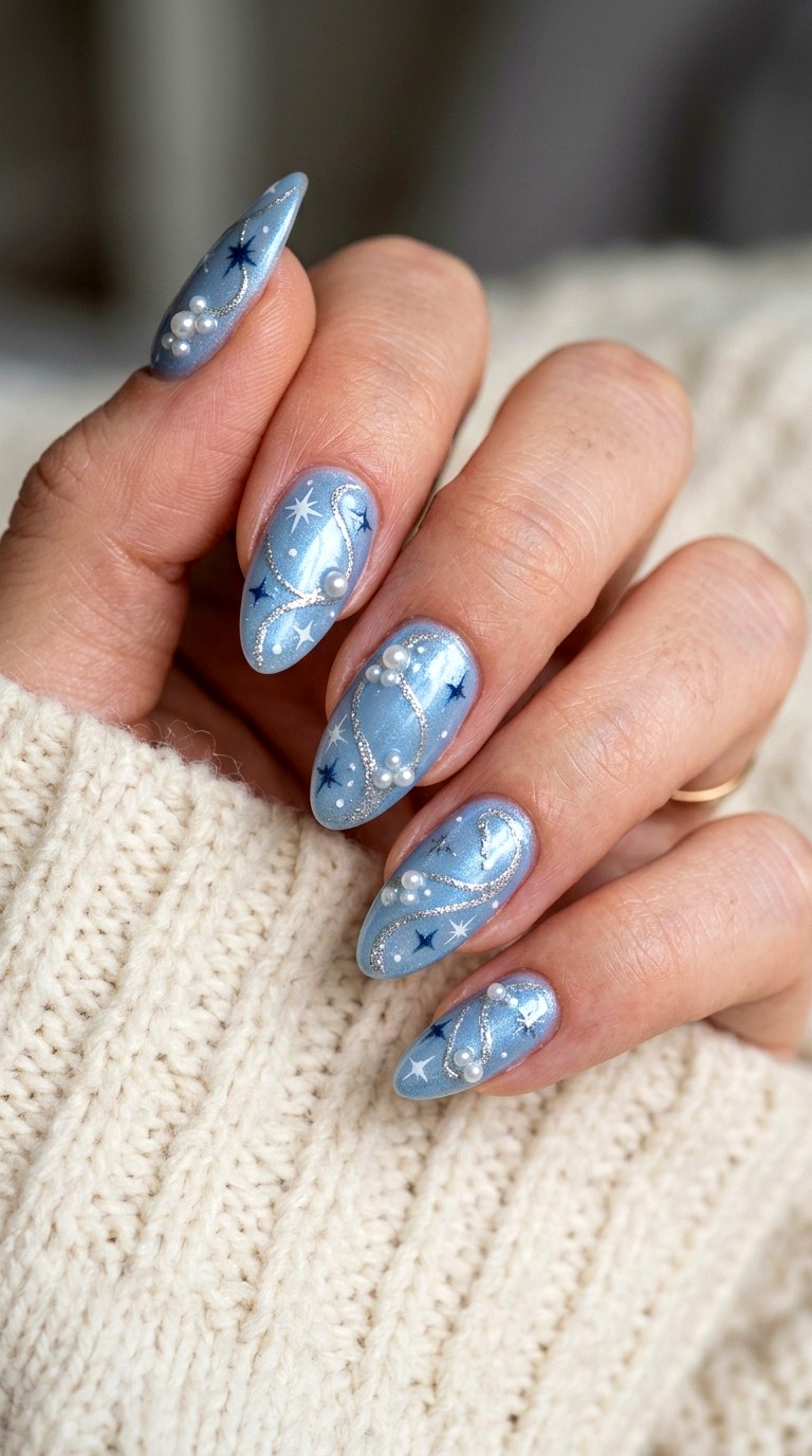 Dreamy Blue Pearl Star Nails - 25 magical starry swirl nail ideas