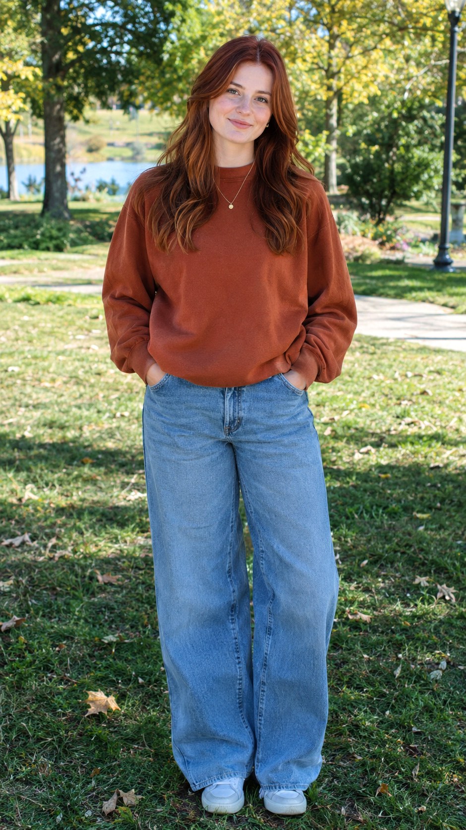 Earth Tone Sweatshirt With Wide Leg Jeans - 21 jeans and sweatshirt outfit ideas