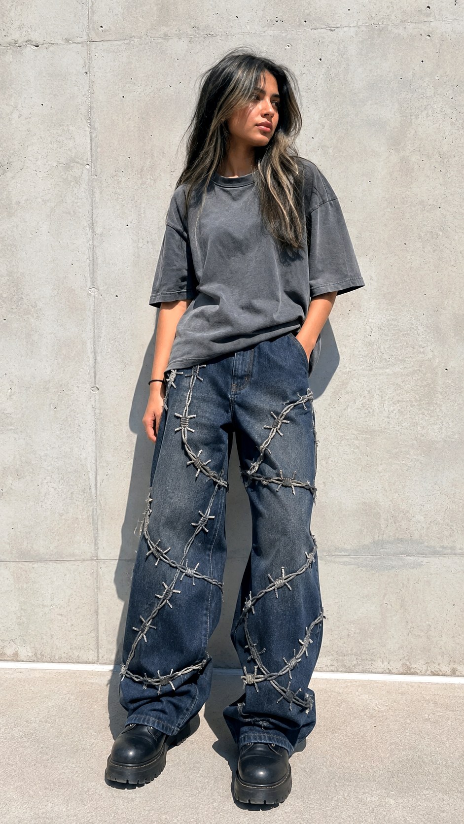 Edgy Barbed Wire Accents Jeans - 24 acrylic painted wide leg jeans ideas