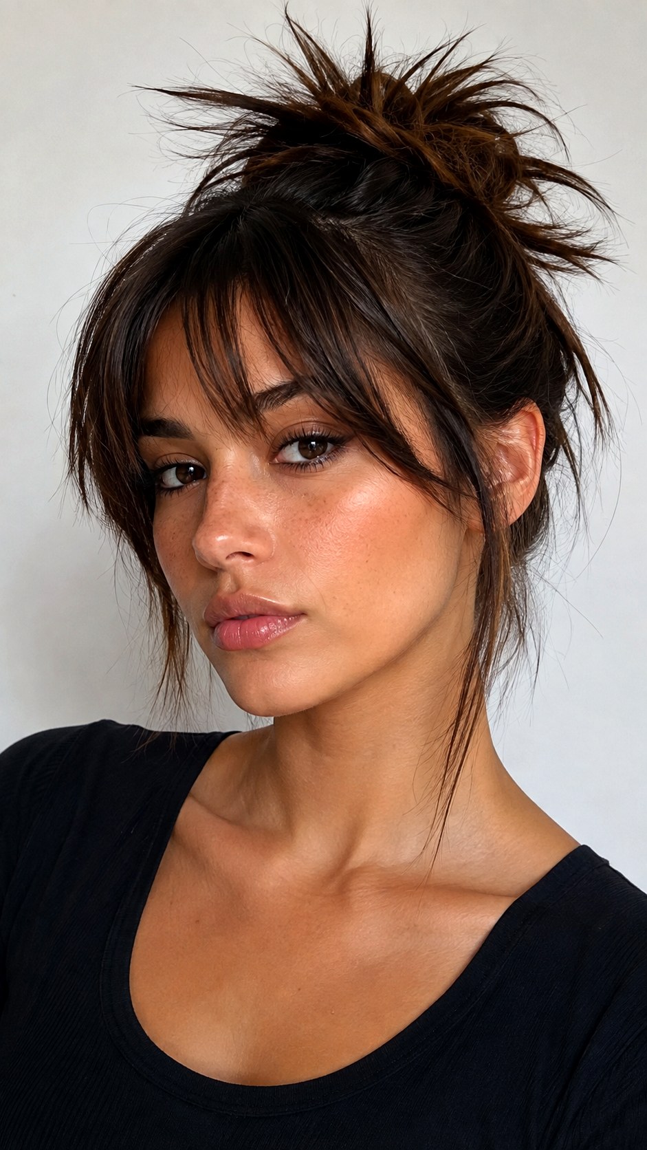 Edgy Spiky Bun with Curtain Bangs - 20 spike bun hairstyle ideas