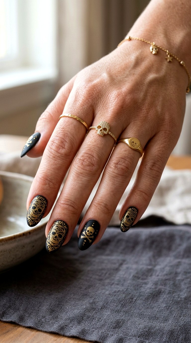 Elegant Gold Skull Nails - 24 halloween nail ideas
