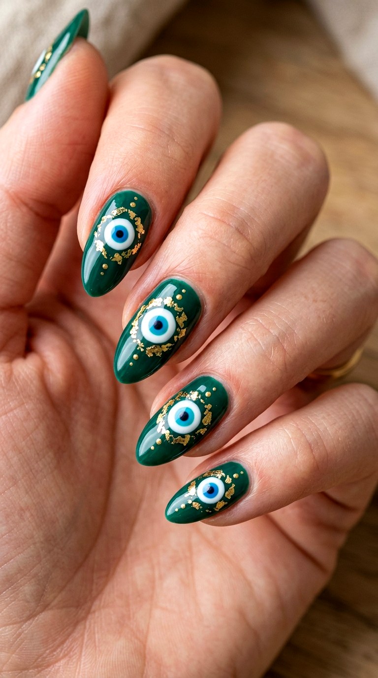 Emerald Evil Eye Nails - 25 spooky nail ideas