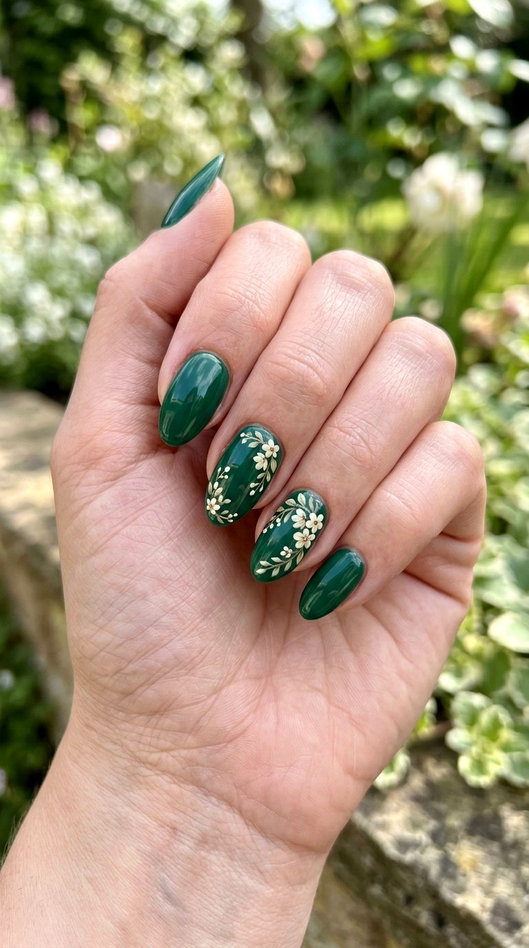 Emerald Floral Green Nails - 24 Green Nail ideas