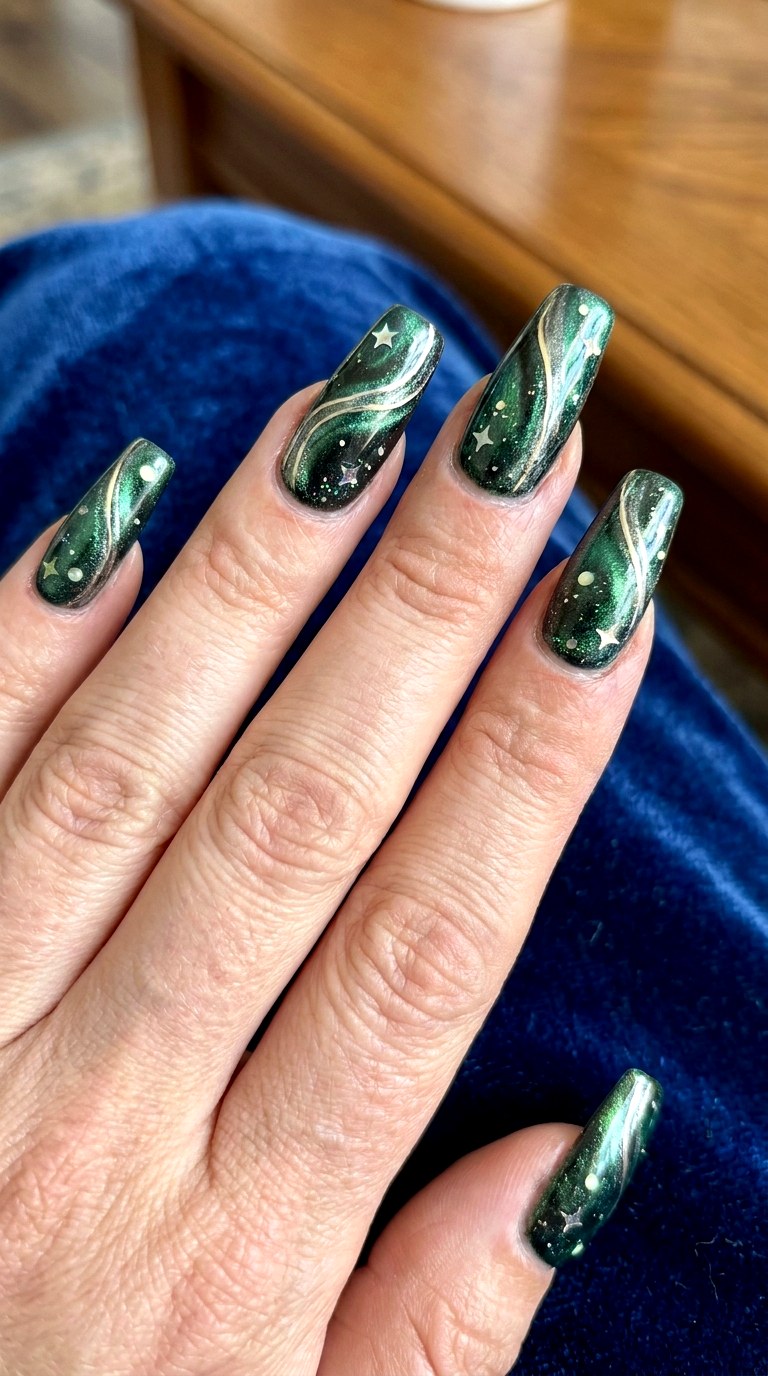 Emerald Galaxy Star Swirls - 25 magical starry swirl nail ideas