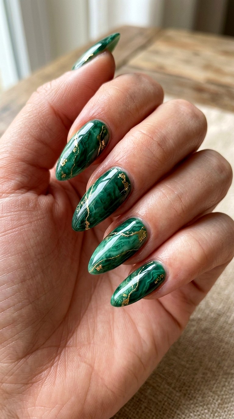 Emerald Gold Stone Nails - 23 rendering green stone Nail ideas