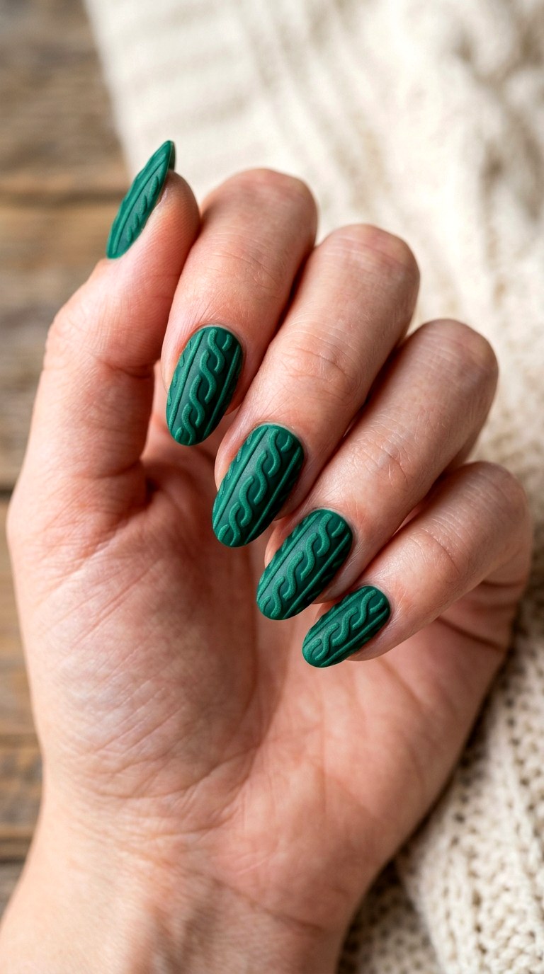 Emerald Green Cable Knit Nails - 24 winter sweater nails nail art design ideas