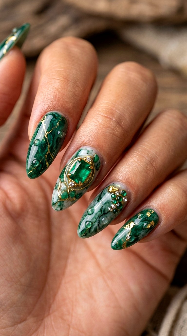 Emerald Stone D Accent Nails - 23 rendering green stone Nail ideas