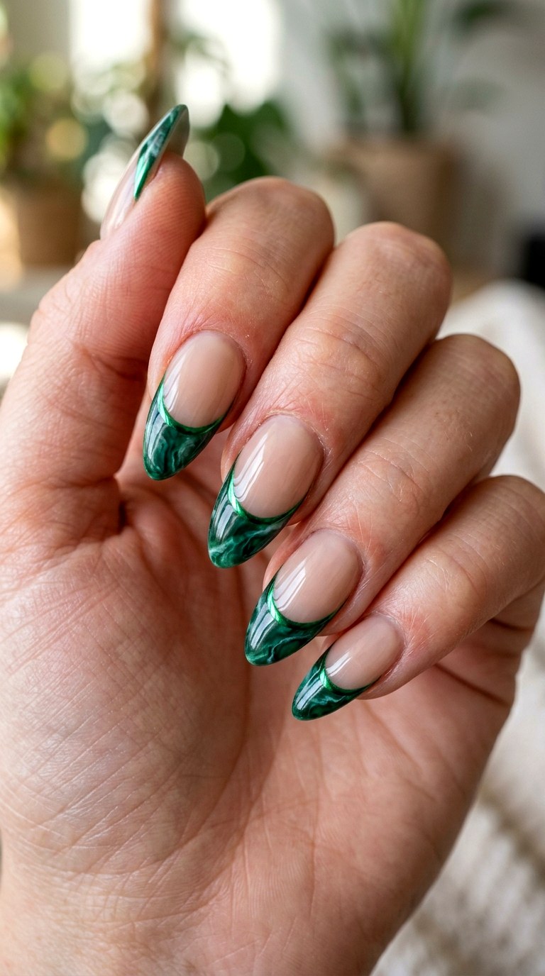 Emerald Stone French Chrome - 23 rendering green stone Nail ideas