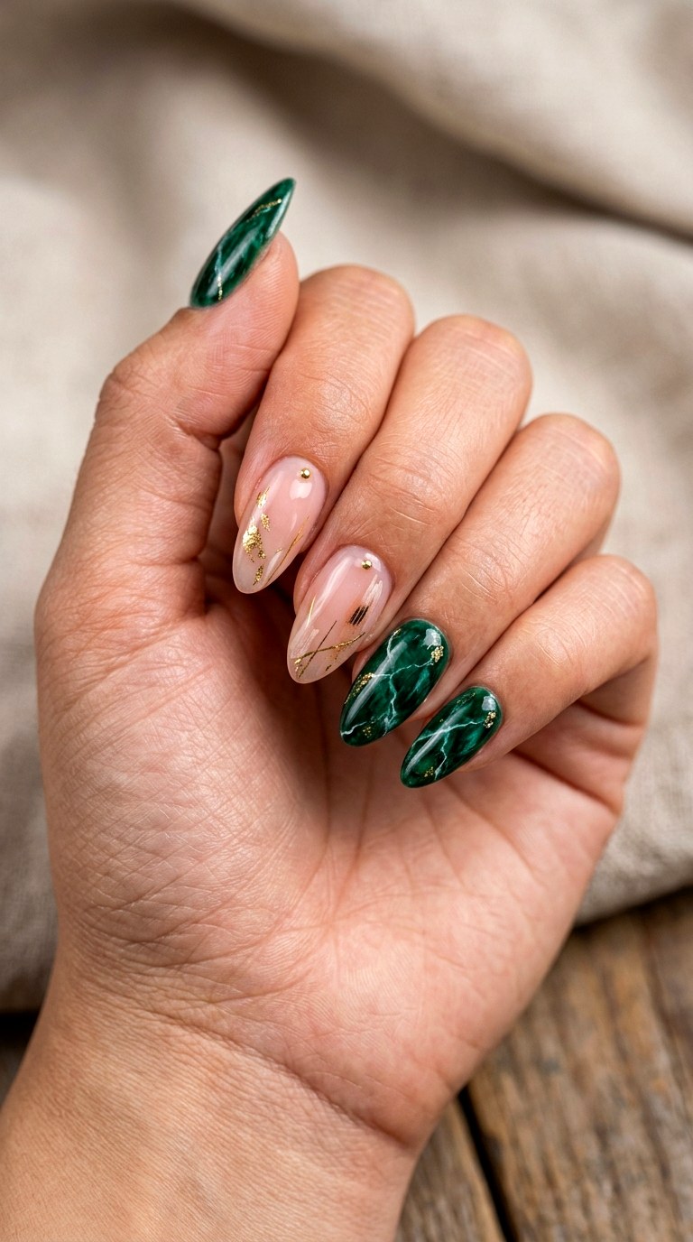Emerald and Nude Stone Nails - 23 rendering green stone Nail ideas