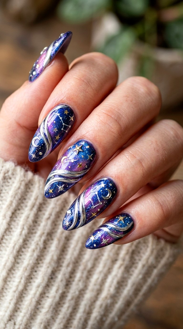 Enchanted Galaxy Swirl Finale - 25 magical starry swirl nail ideas