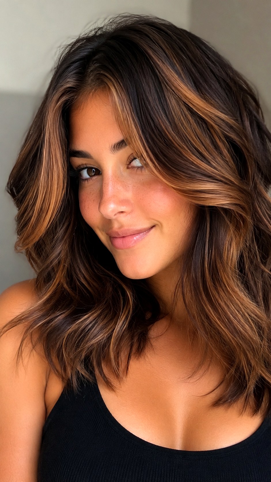 Espresso and Caramel Ribbons on Clavicut - 24 short hair highlights ideas