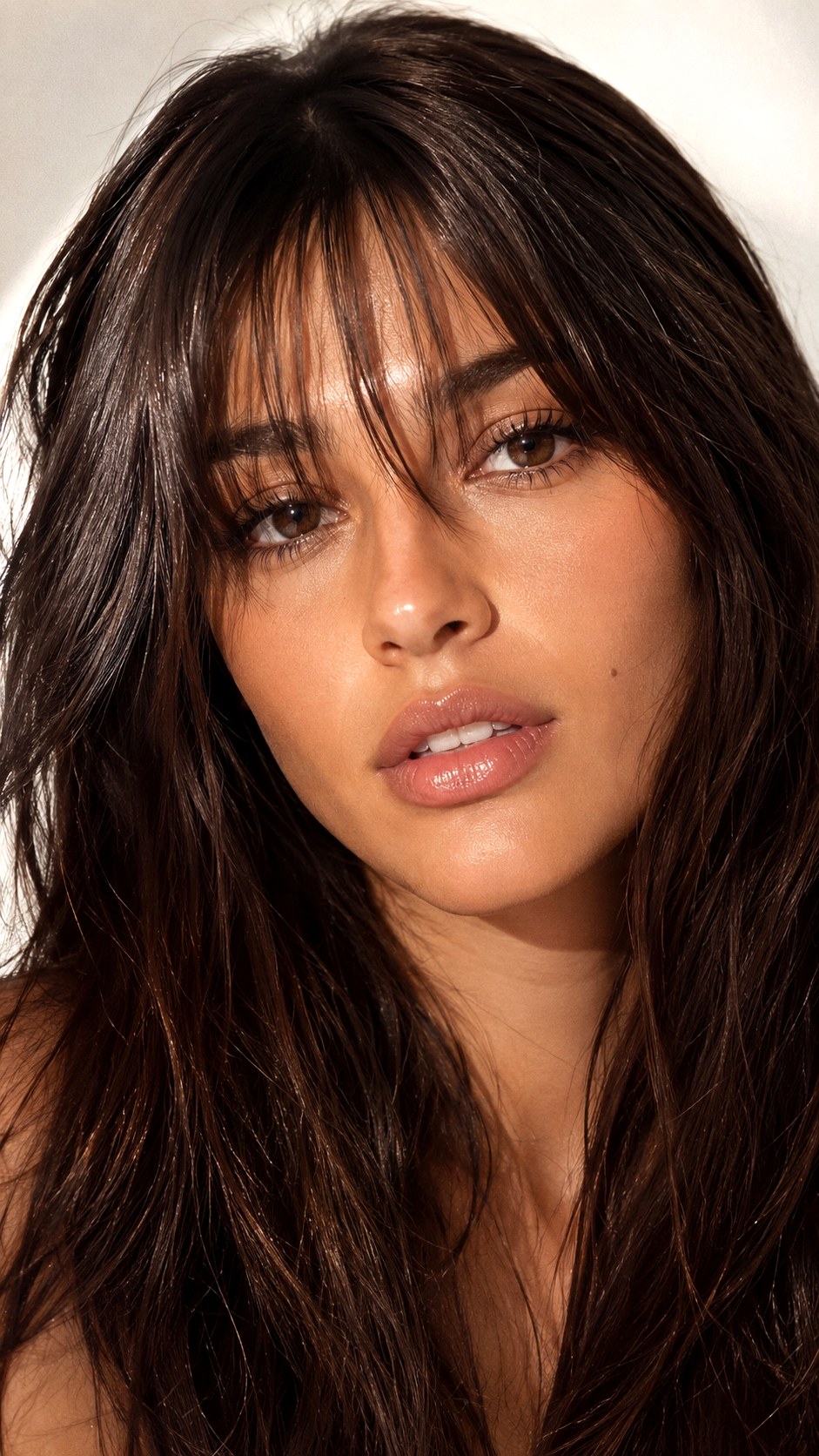 Expensive Brunette High Gloss Finish - 24 Wispy Curtain Bangs Long Hair Ideas