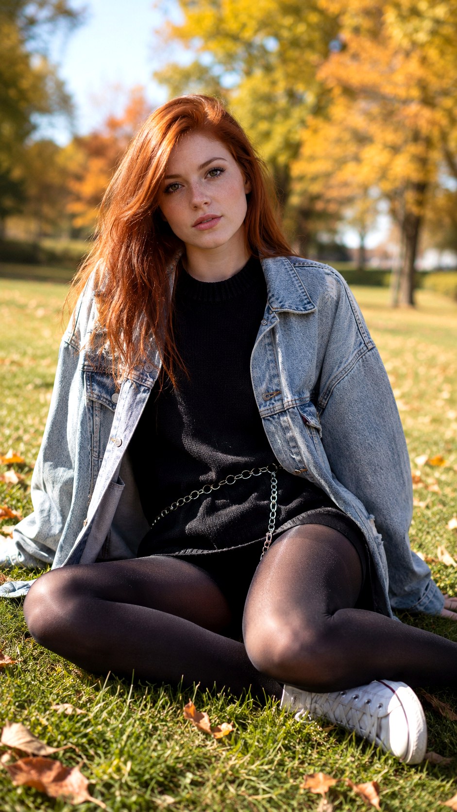 Faded Denim Jacket and Black Tights - 23 Soft Grunge Outfits Ideas