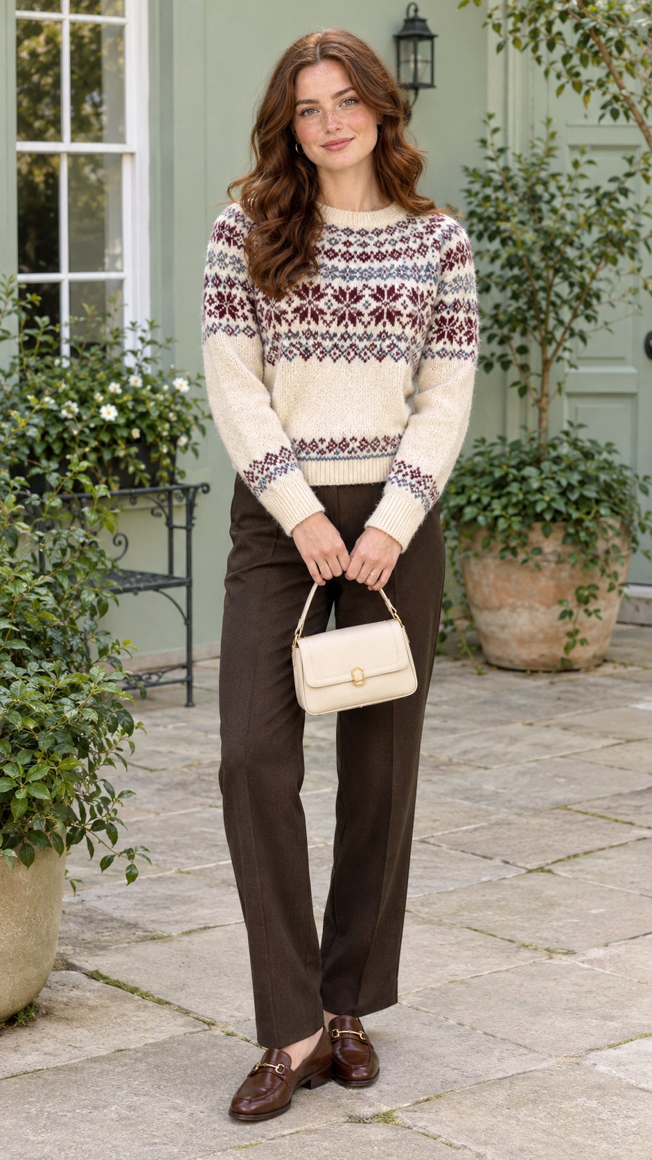 Fair Isle Sweater With Brown Trousers - 20 autumn aesthetic outfit ideas