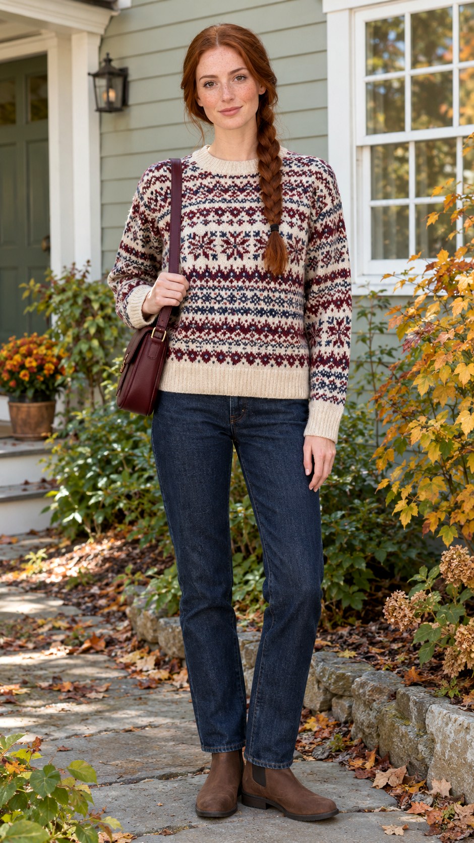 Fair Isle Sweater With Dark Jeans - 20 comfy fall outfits