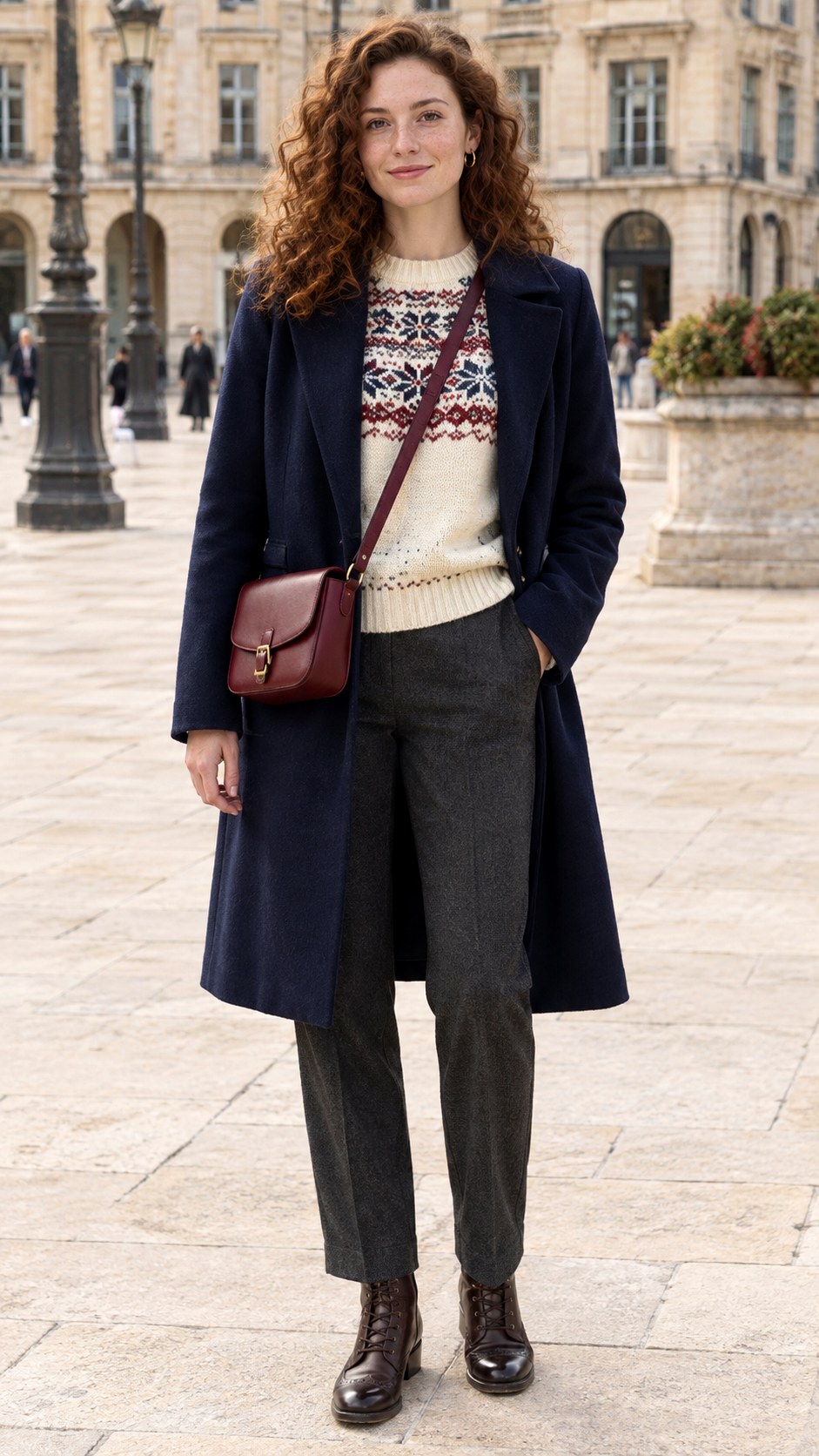 Fair Isle Sweater With Wool Trousers - 20 autumn outfit ideas
