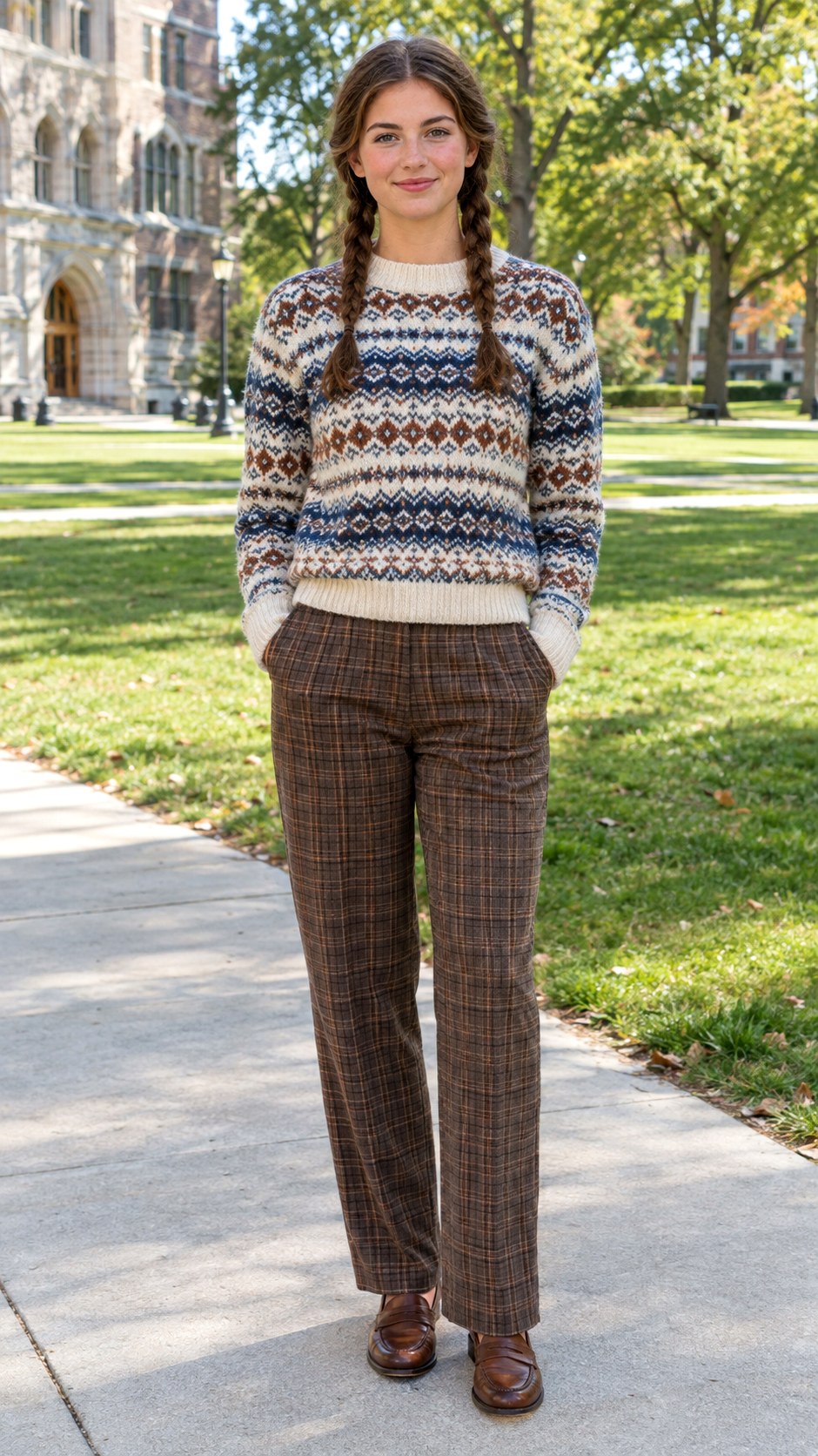 Fair Isle Sweater and Plaid Trousers - 25 outfit inspo fall ideas