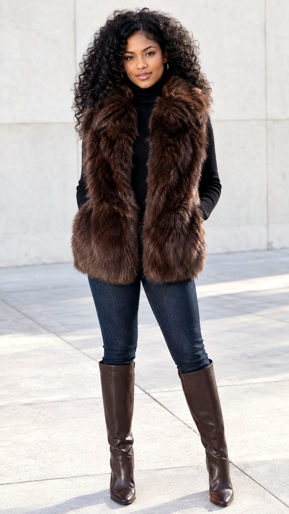 Faux Fur Vest Over Turtleneck - 23 fall fashion outfit ideas