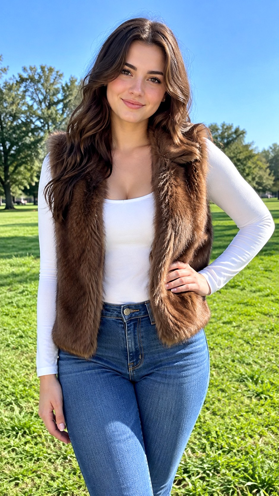Faux Fur Vest and Long Sleeve Bodysuit - 25 cozy fall outfit ideas