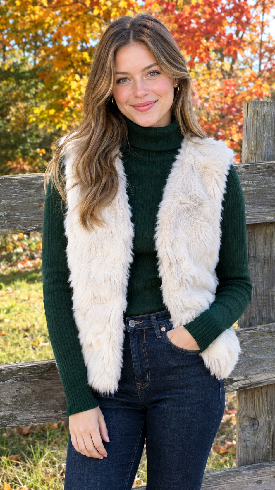 Faux Fur Vest and Turtleneck Sweater - 24 early fall outfit look ideas